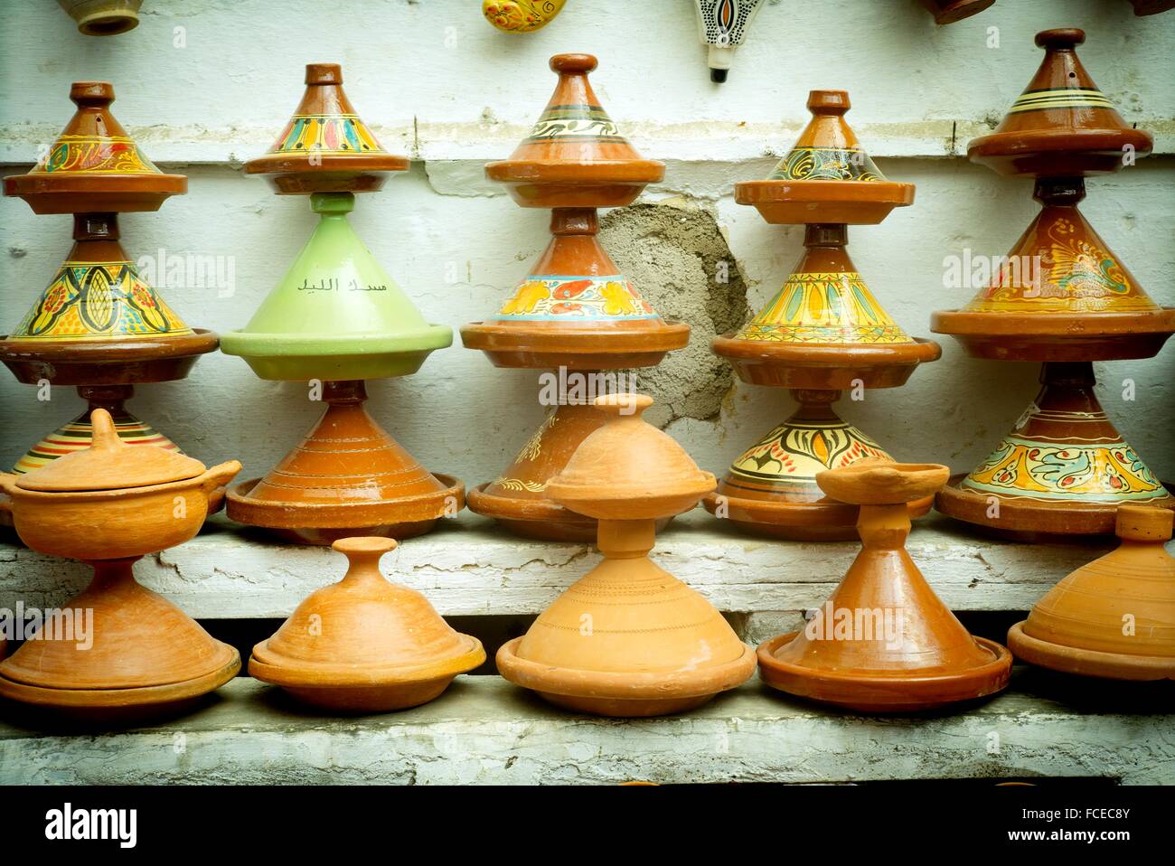 tagine pot display in a pottery bussines in Fez, Morocco, Africa Stock