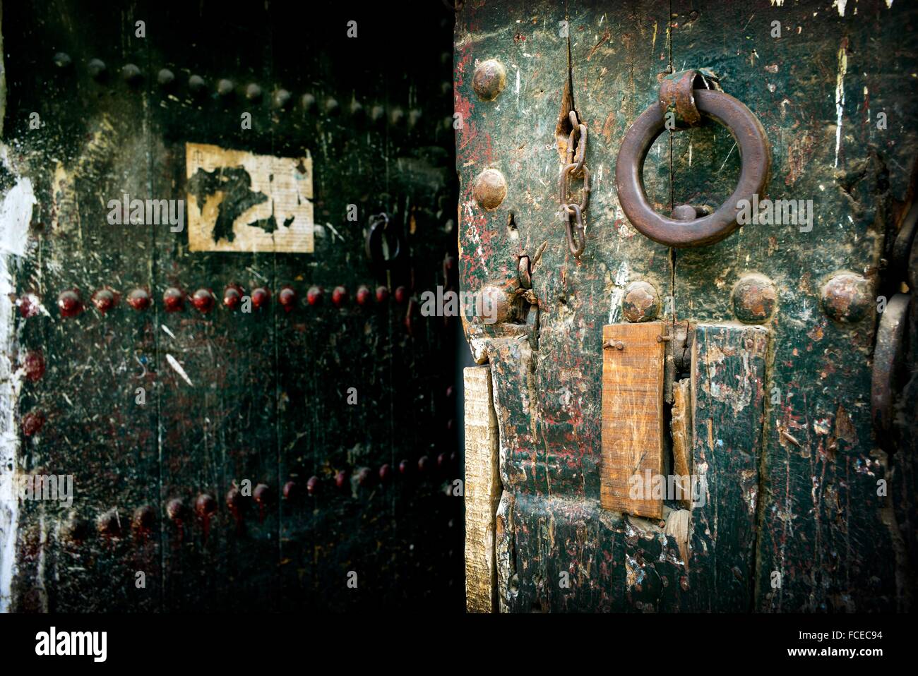 Old door with ring handle, in the medina of Fez, Morocco, Africa Stock