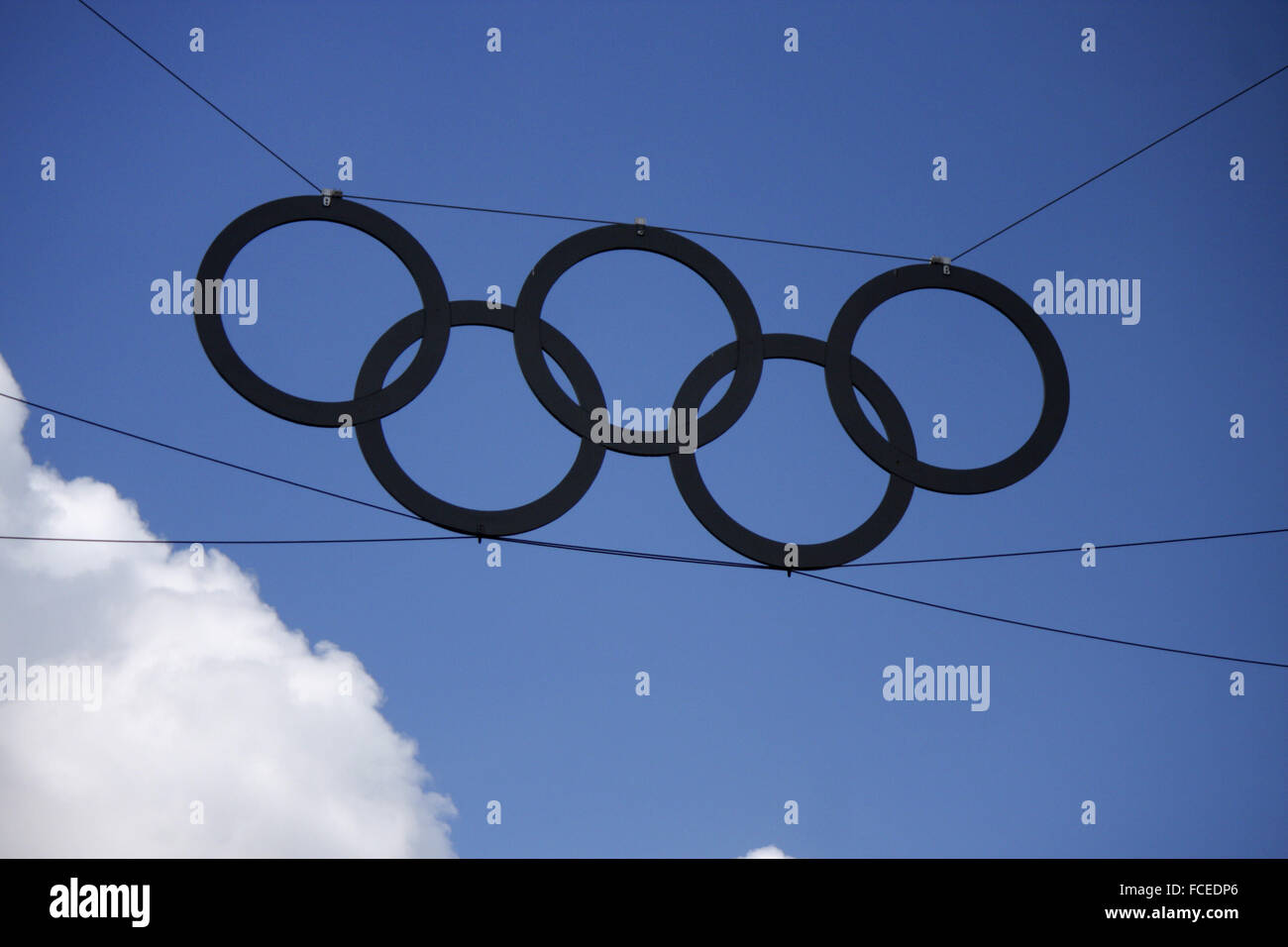 olympische Ringe am Olympiastadion, Berlin. Stock Photo