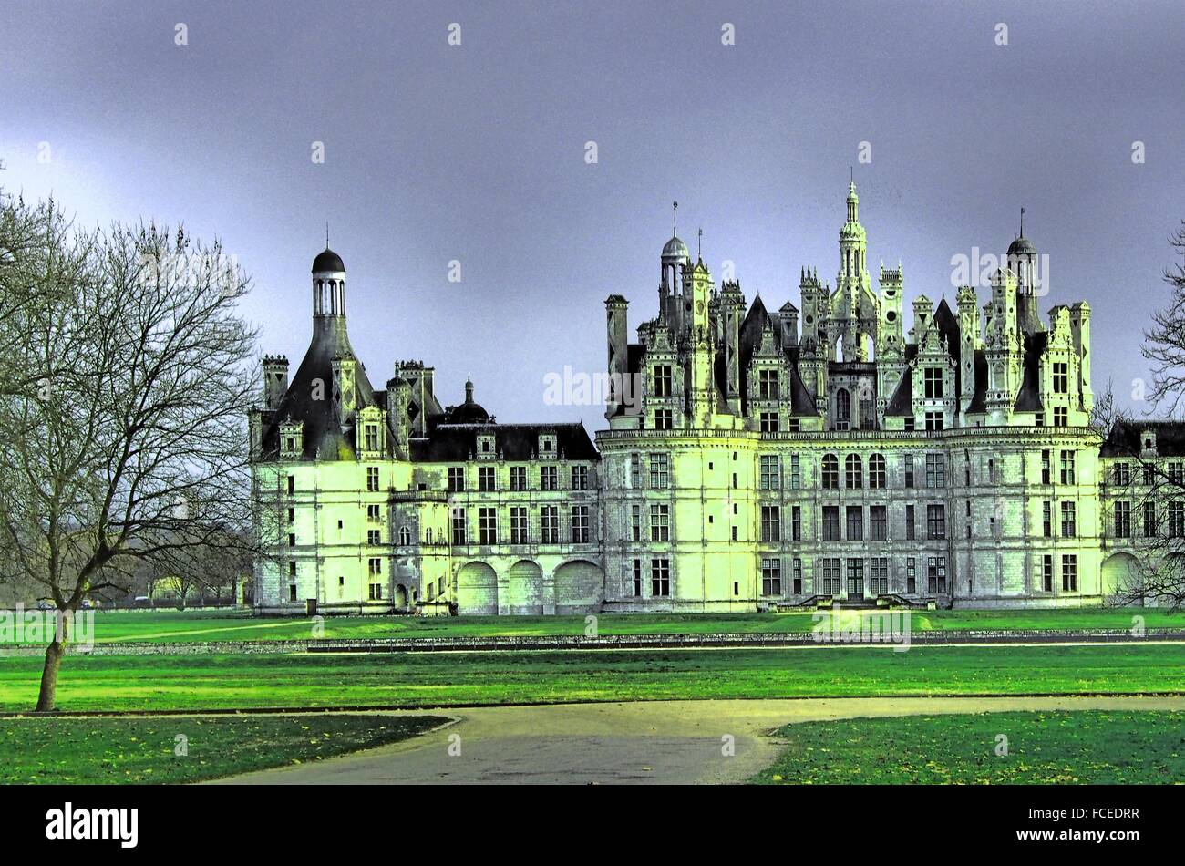 The royal Château de Chambord at Chambord, Loir-et-Cher, France, is one of the most recognizable châteaux in the world because Stock Photo
