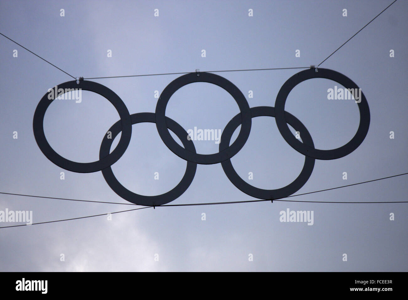 olympische Ringe am Olympiastadion, Berlin. Stock Photo