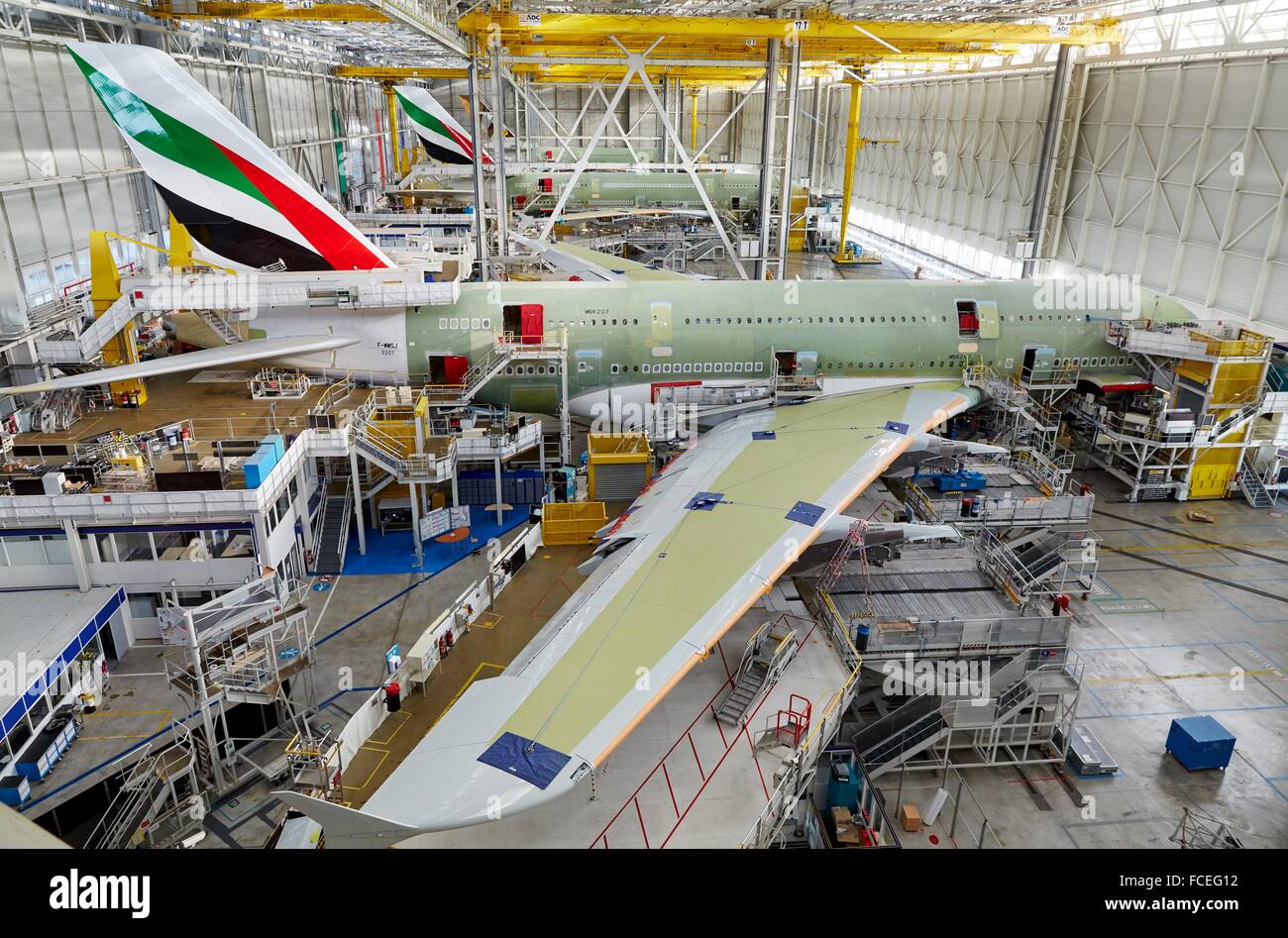 Aircraft construction. Let´s visit Airbus. Tour of the AIRBUS A380 assembly factory. Aeroscopia. Toulouse. Haute Garonne. Stock Photo