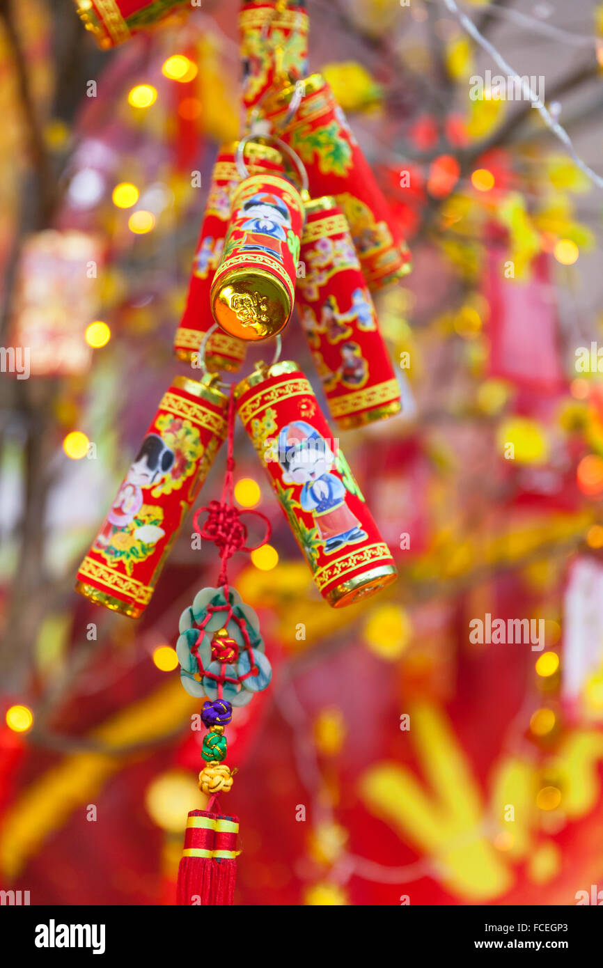 Chinese Lunar New Year ot Tet decorations on the street, Vietnam. Stock Photo