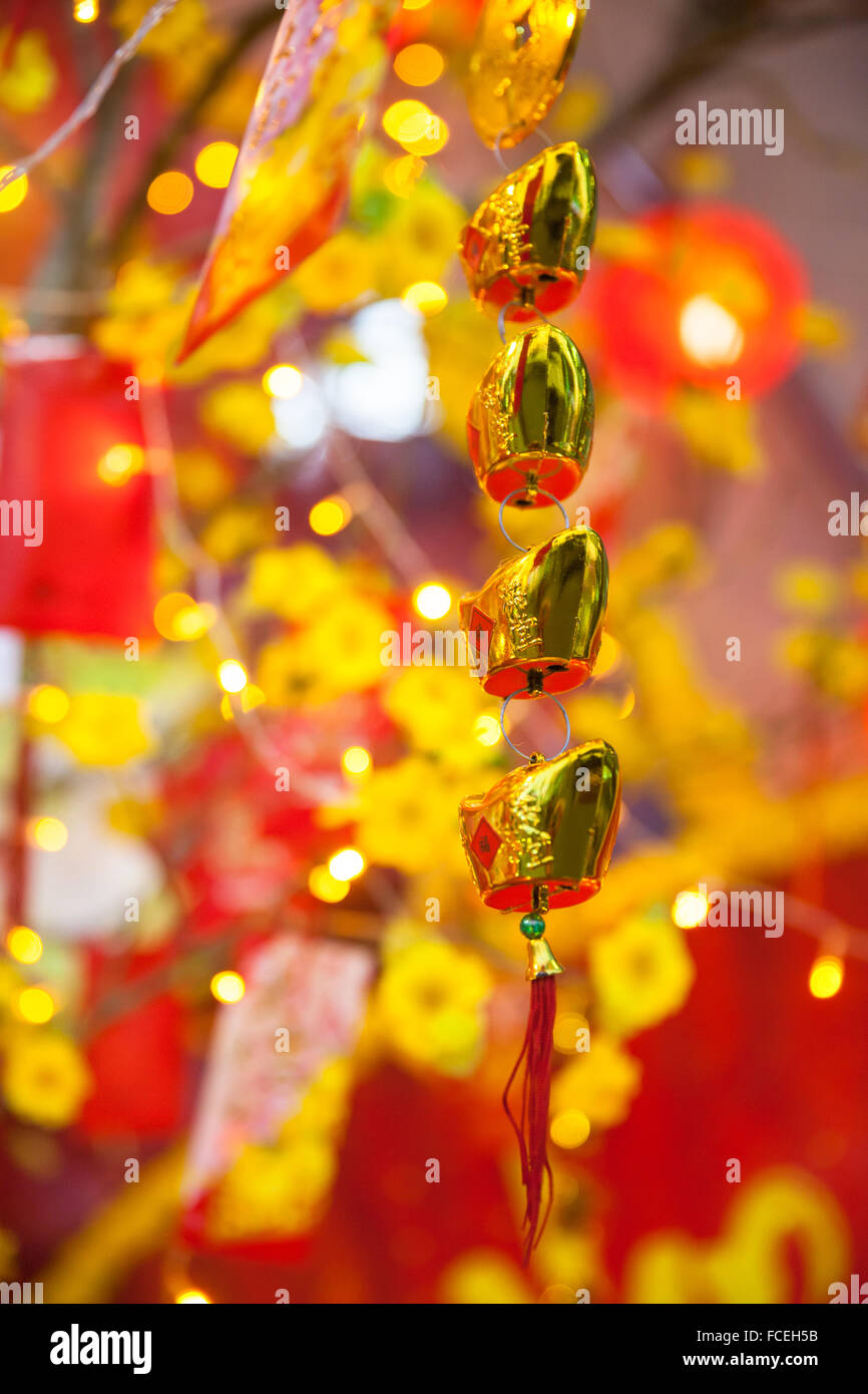 Chinese Lunar New Year or Tet decorations on the street, Vietnam. Stock Photo