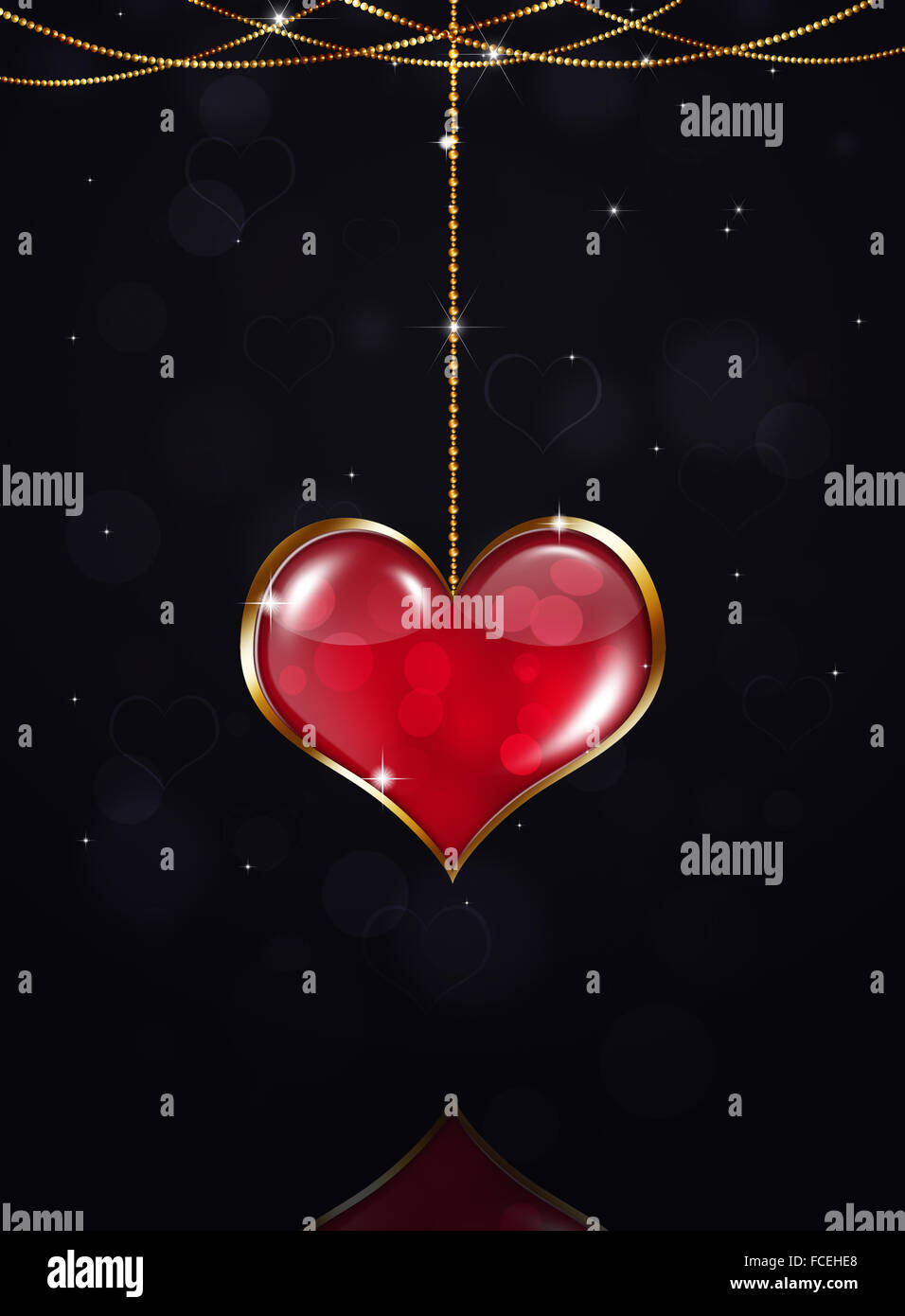 valentine golden heart on dark holiday background with stars and blurry lights Stock Photo