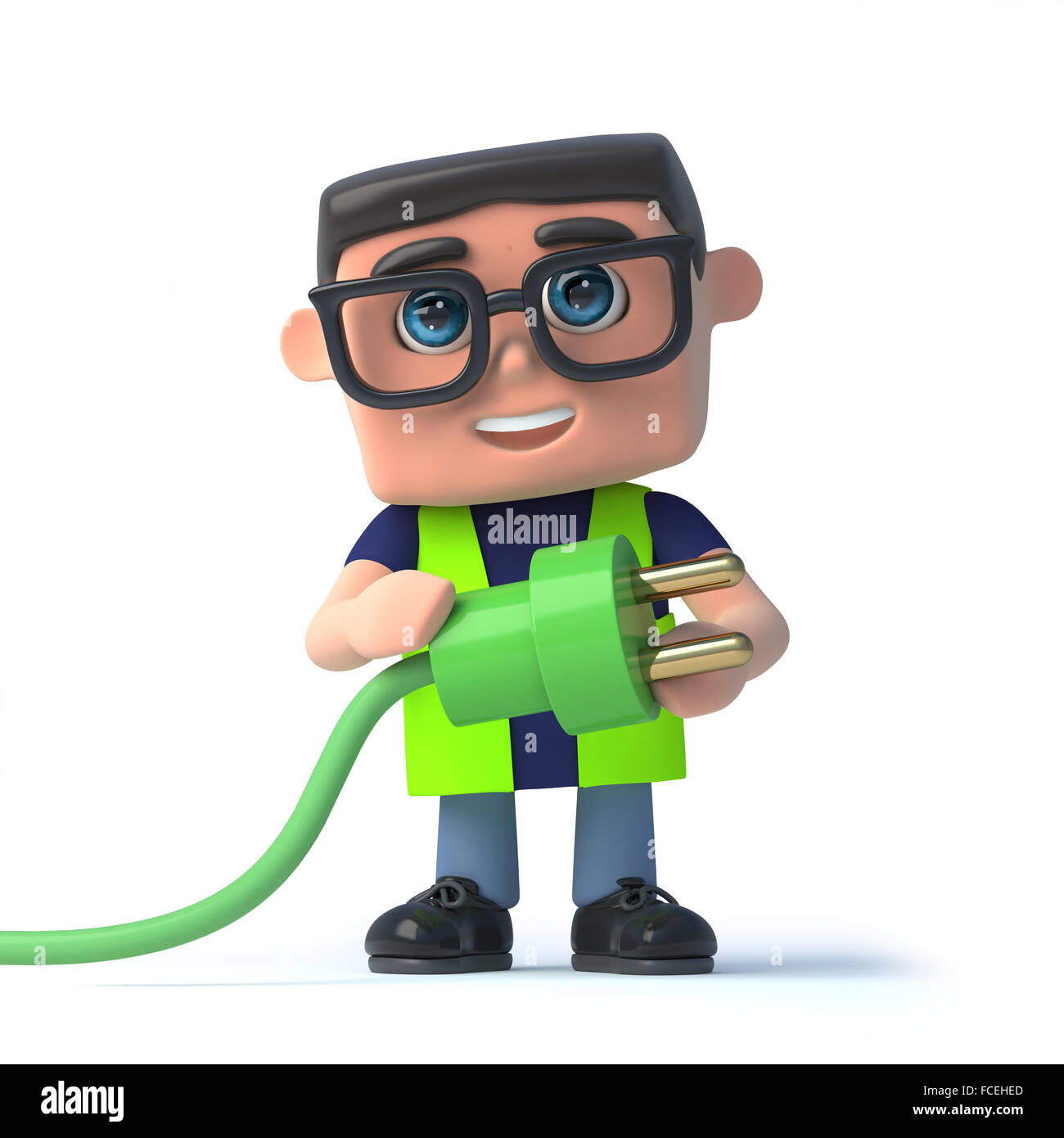 3d render of a health and safety officer holding a green power lead and plug. Stock Photo