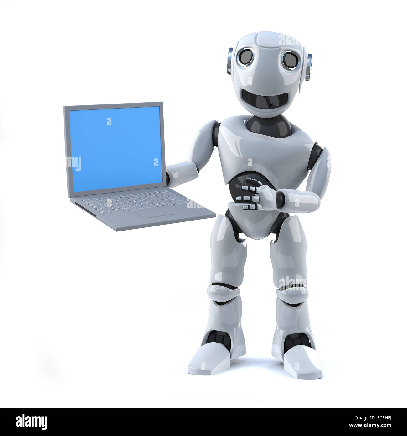 3d render of a robot holding a laptop Stock Photo