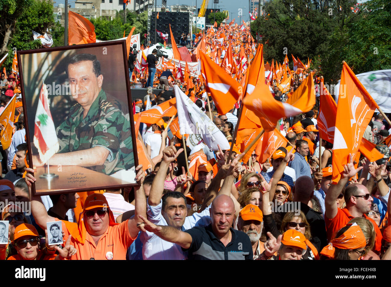 Orange protest in Lebanon to support General Aoun Leader for presidency Stock Photo