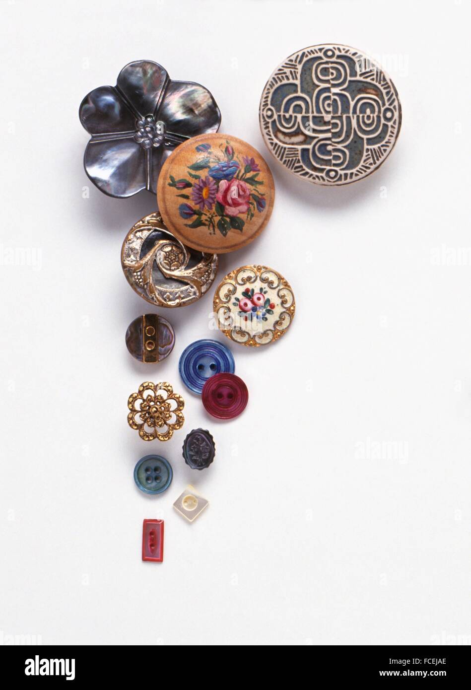 Decorative buttons of various shapes, colours and sizes Stock Photo