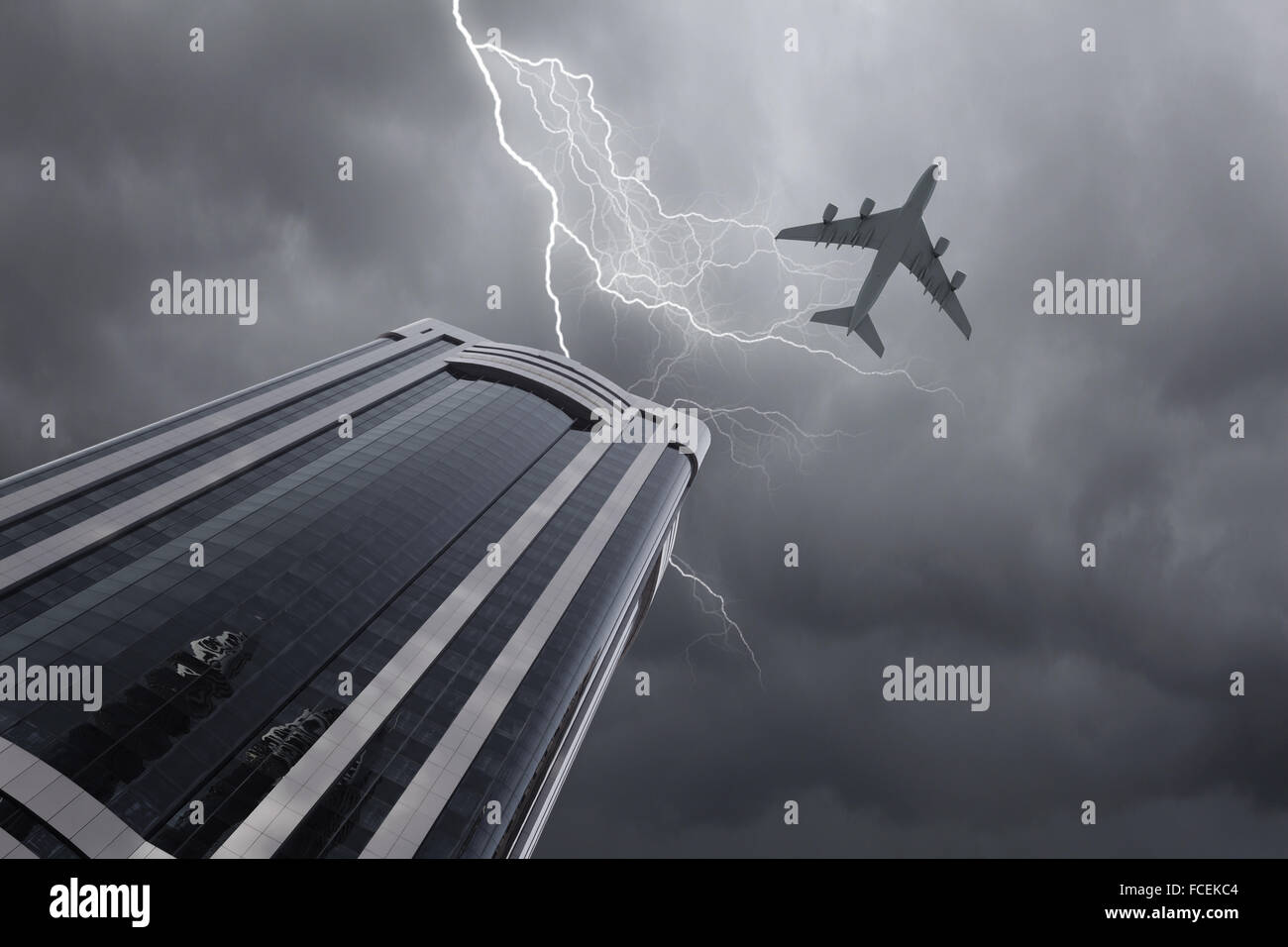 Bottom view of airplane flying above skyscrapers Stock Photo - Alamy