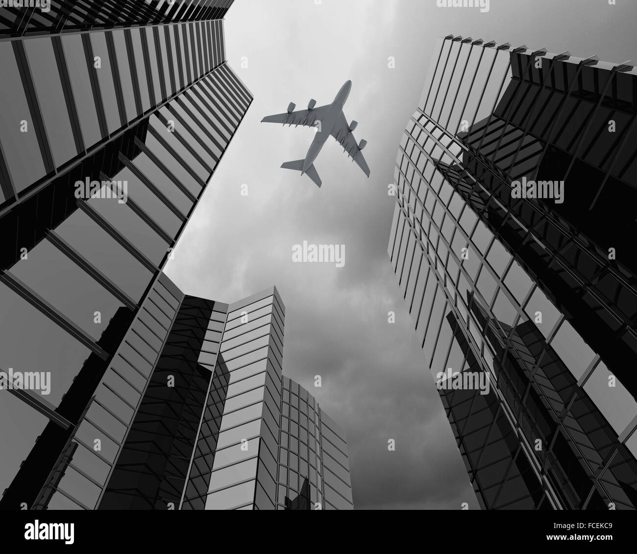 Bottom view of airplane flying above skyscrapers Stock Photo - Alamy