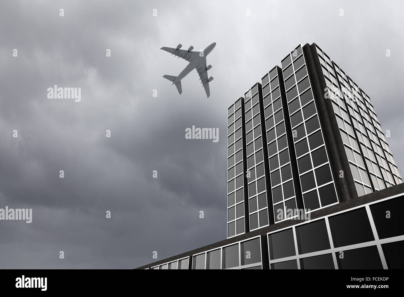 Bottom view of airplane flying above skyscrapers Stock Photo - Alamy