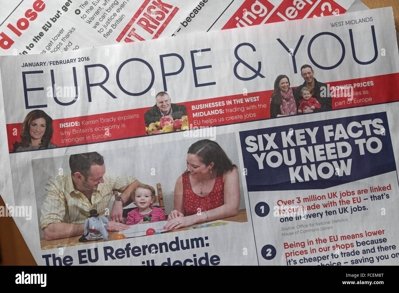 Britain EU Referendum, Pro European Union literature as published by the Britain Stronger in Europe campaign group January 2016 Stock Photo