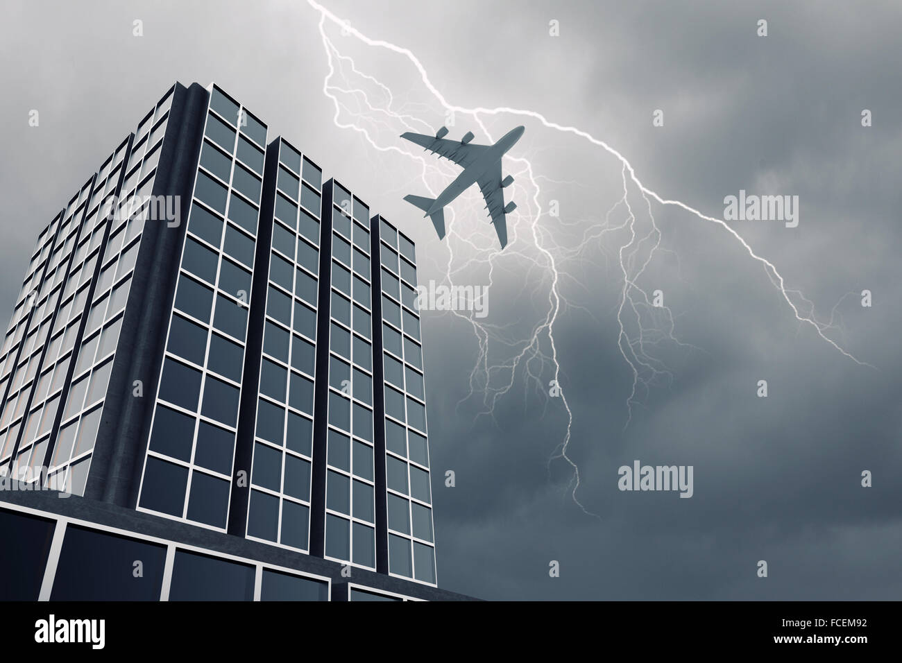 Bottom view of airplane flying above skyscrapers Stock Photo - Alamy