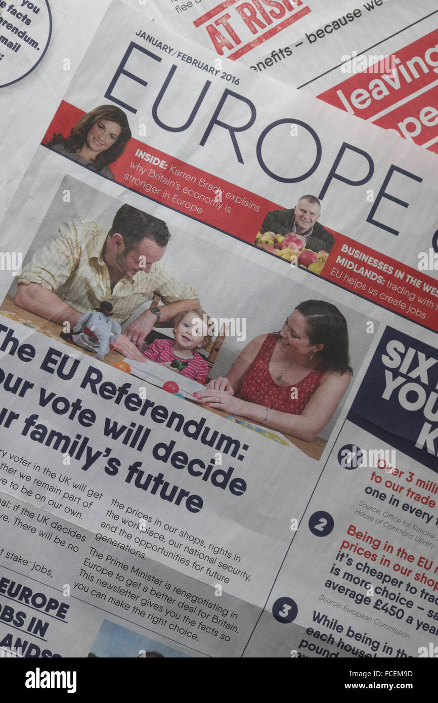 Britain EU Referendum, Pro European Union literature as published by the Britain Stronger in Europe campaign group January 2016 Stock Photo