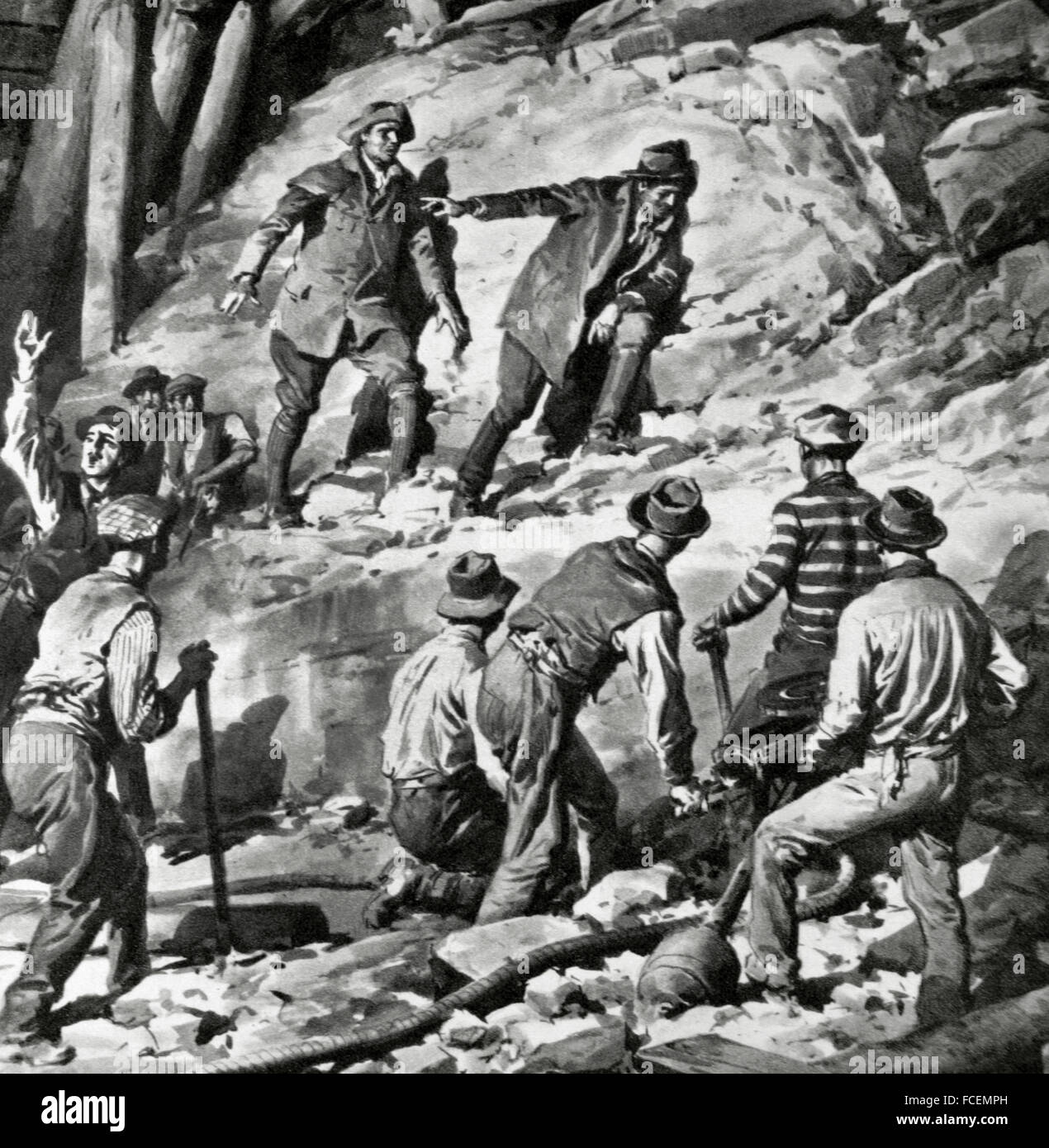Fascist Italy. Workers preparing the demolition of a hillside to build the tunnel of the Apennines, new railway line Bologna-Florence, one of the great engineering feats of the fascist regime. Engraving. Stock Photo