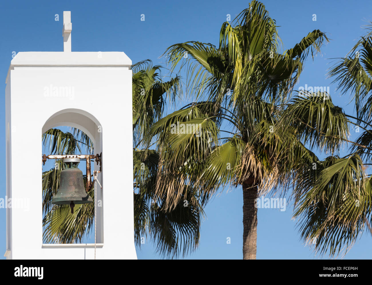 White church and palms, Agia napa, Cyprus Stock Photo