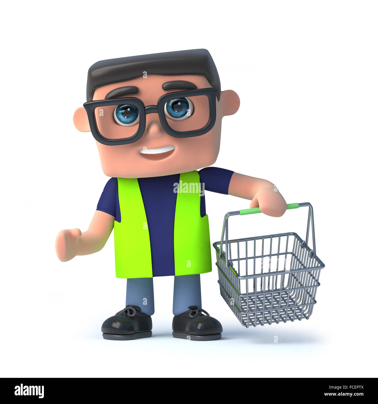 3d render of a health and safety worker carrying a shopping basket Stock Photo