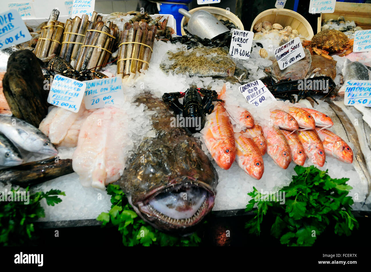 Various fish and seafood on display Stock Photo