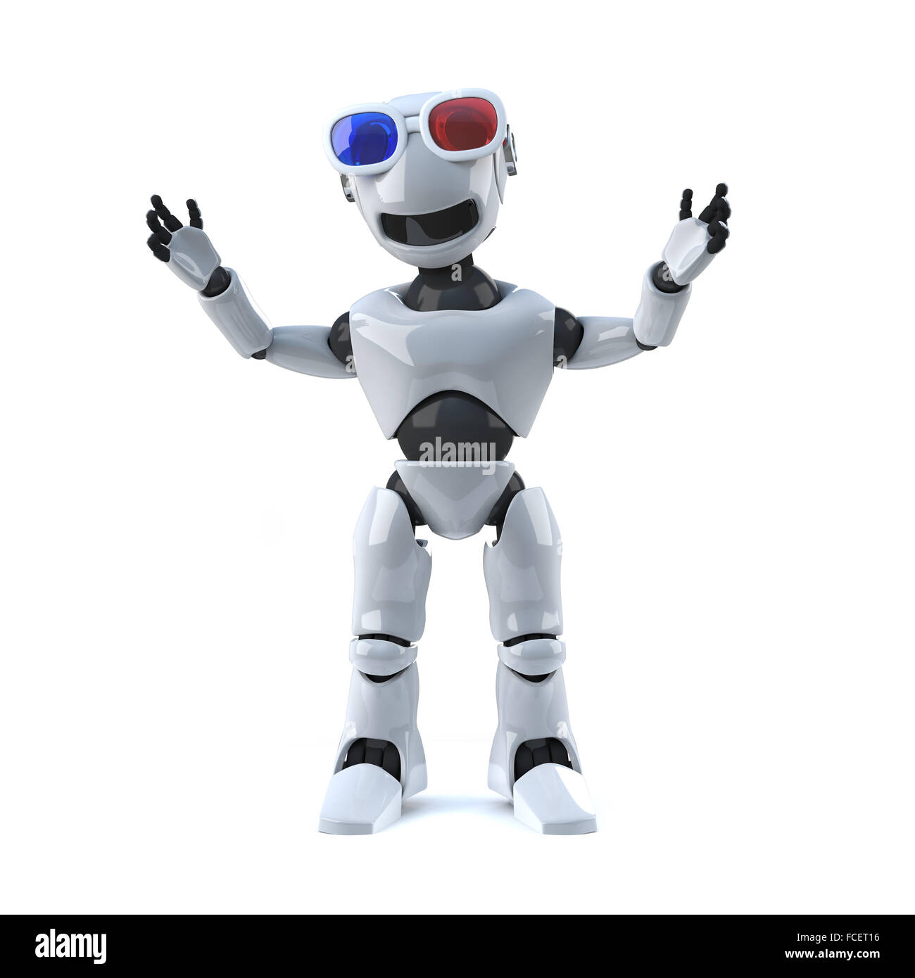 3d render of a robot wearing a pair of 3d glasses. Stock Photo