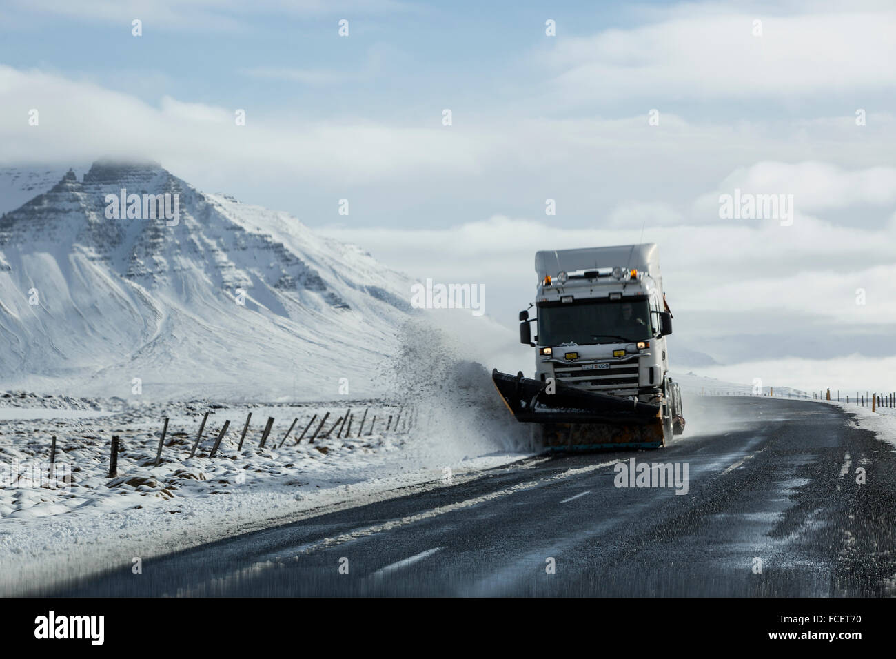 Snow removing vehicle on the ring road in Iceland Stock Photo