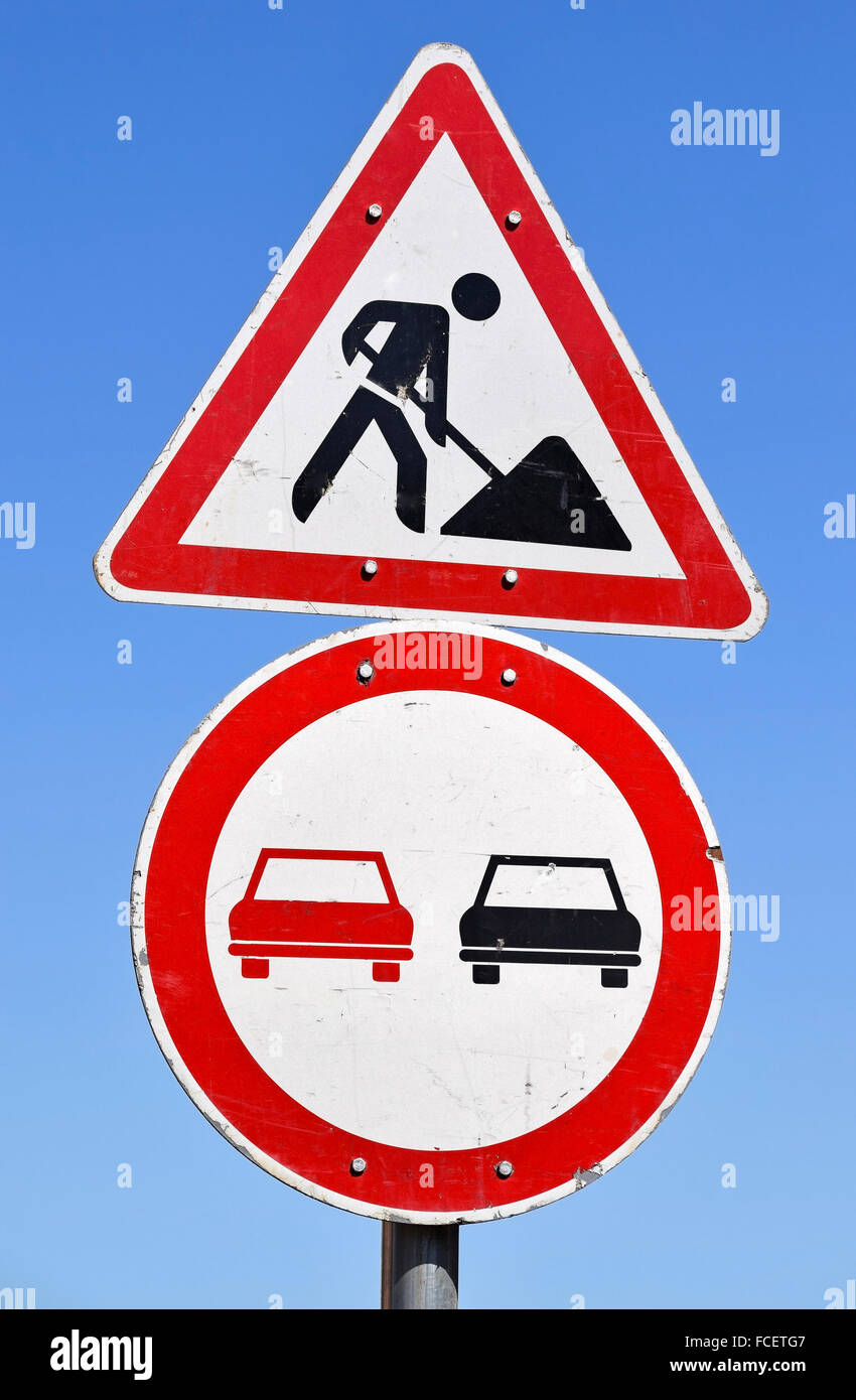 Road works and do not overtaken signs Stock Photo