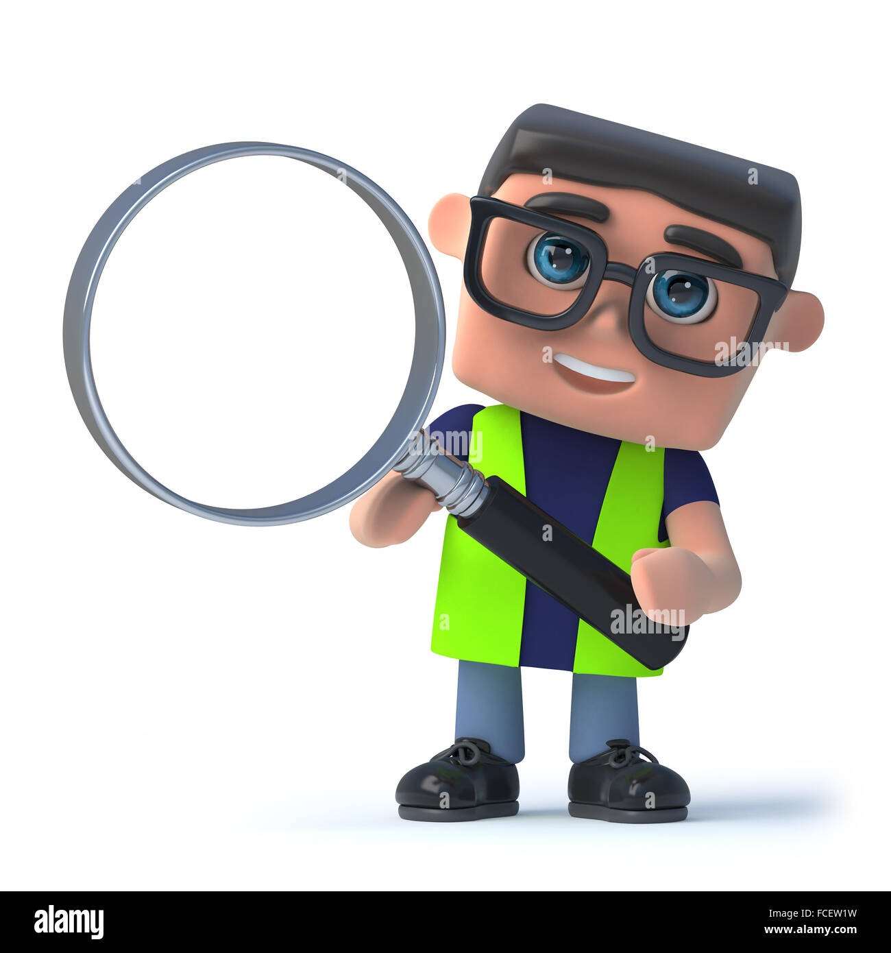 3d render of a health and safety man holding a magnifying glass. Stock Photo