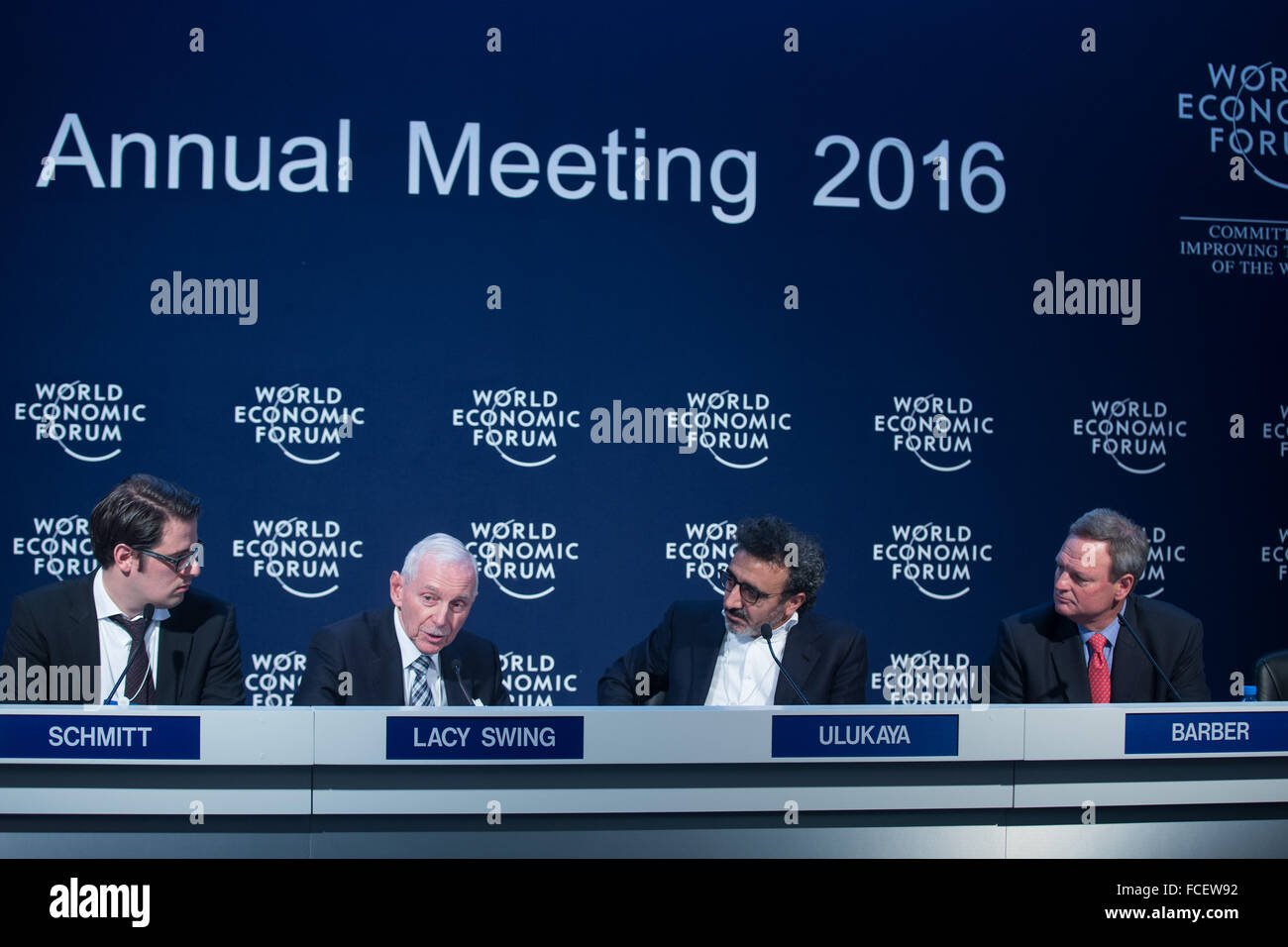Davos, Switzerland. 22nd Jan, 2016. William Lacy Swing (2nd L), director general of the International Organization for Migration (IOM), Hamdi Ulukaya (2nd R), founder of American yogurt producer Chobani, and Jim Barber (1st R), president of UPS International, hold a joint press conference in Davos, Switzerland, Jan. 22, 2016. Yoghurt empire founder Hamdi Ulukaya announced in Davos that his Tent Foundation will partner with Airbnb, LinkedIn, MasterCard, UPS and IKEA Foundation to address the global refugee crisis. Credit:  Xu Jinquan/Xinhua/Alamy Live News Stock Photo