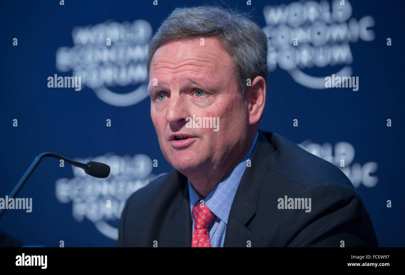 Davos, Switzerland. 22nd Jan, 2016. Jim Barber, president of UPS International, addresses a joint press conference in Davos, Switzerland, Jan. 22, 2016. Yoghurt empire founder Hamdi Ulukaya announced in Davos that his Tent Foundation will partner with Airbnb, LinkedIn, MasterCard, UPS and IKEA Foundation to address the global refugee crisis. Credit:  Xu Jinquan/Xinhua/Alamy Live News Stock Photo