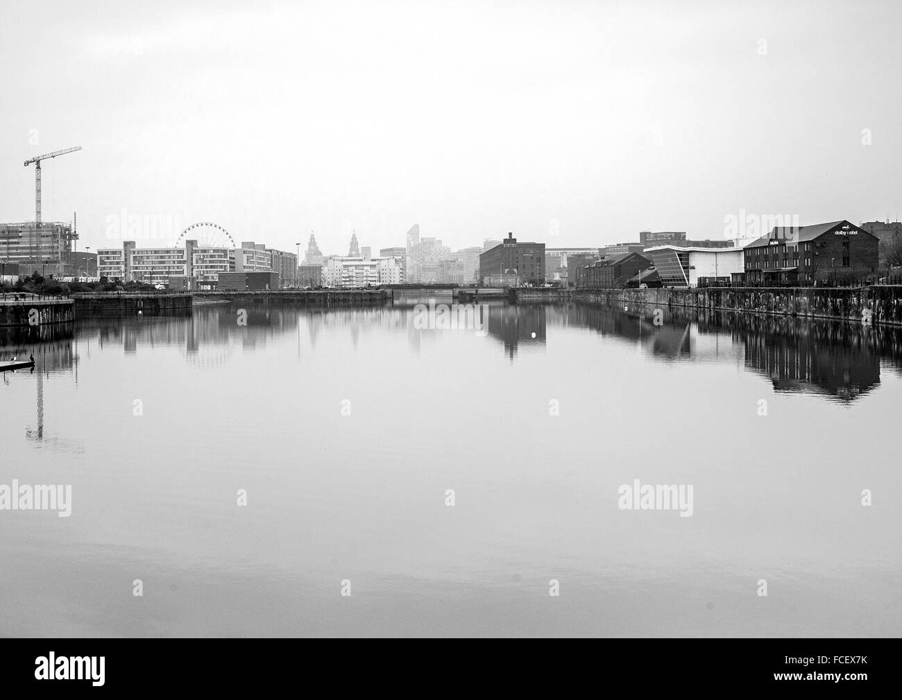 Liverpool Skyline reflected in the Docks Stock Photo