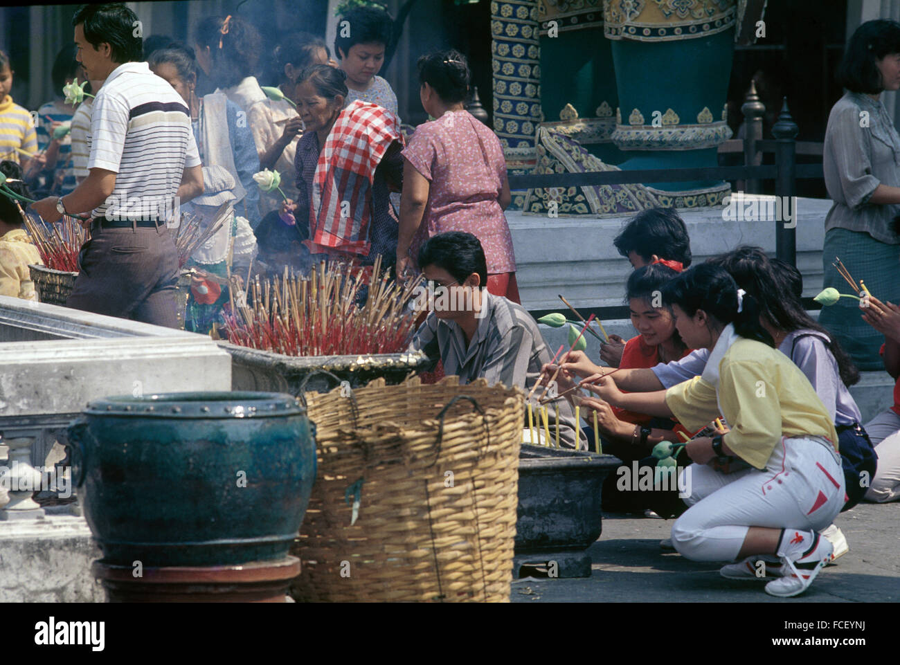 Old Singapore circa 1982 joss stick burning at Chinese temple Stock Photo