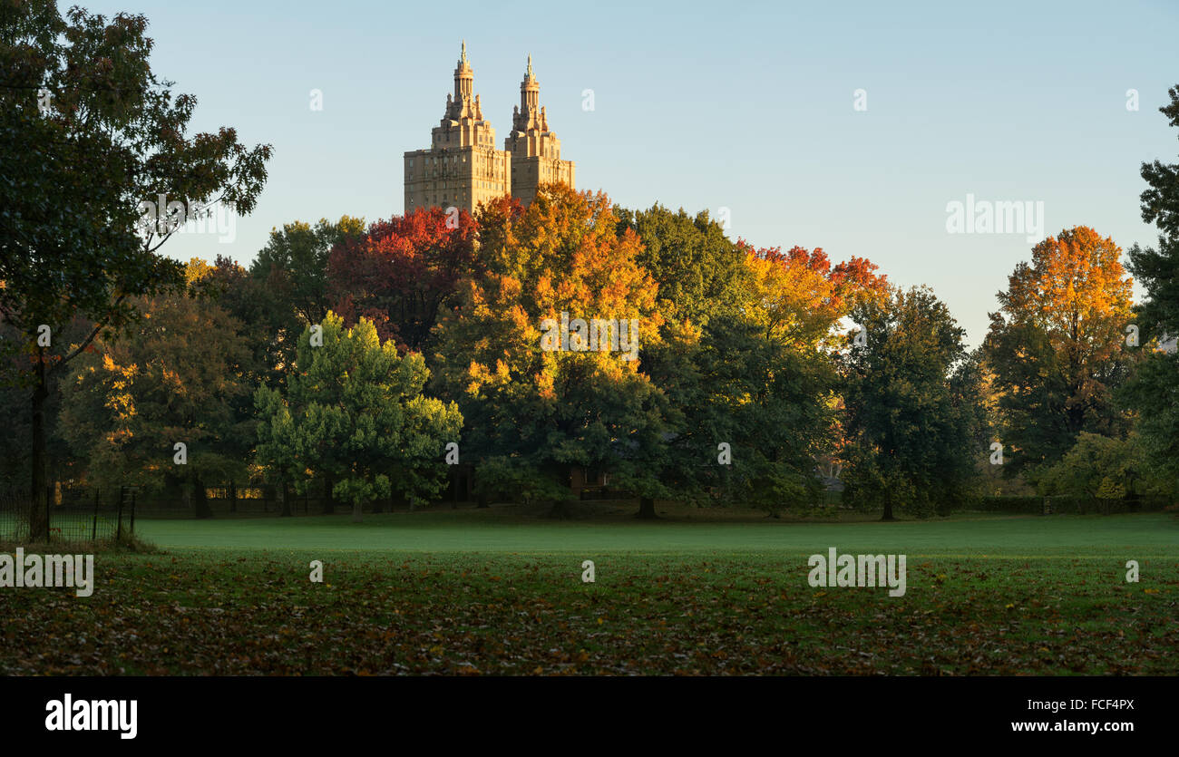 Central Park Sheep Meadow in full autumn colors with The San Remo towers in sunrise light. Fall in Manhattan, New York City Stock Photo