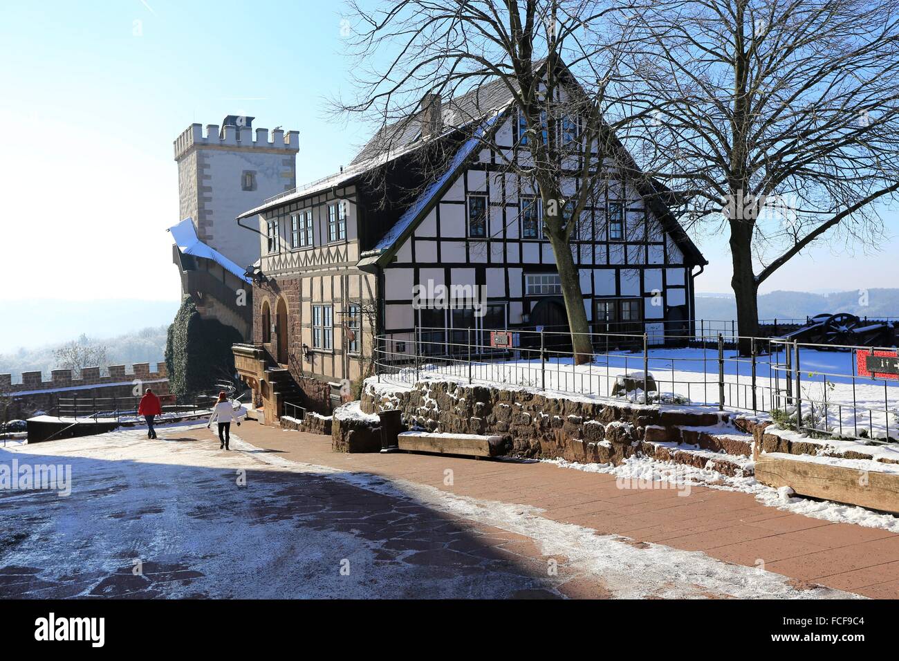 View on Courtyard with South Tower of Wartburg. The Wartburg in Eisenach was built around 1067. Now it is a UNESCO World Heritage Site. The Wartburg became famous through the countess Elisabeth and Martin Luther. Date: January 19, 2016 Stock Photo