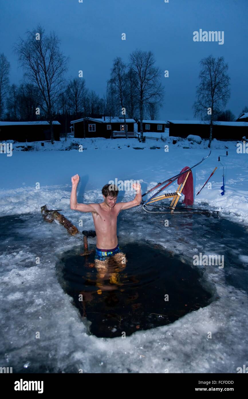 Winter Bath After The Sauna Jamtland Sweden Stock Photo Alamy