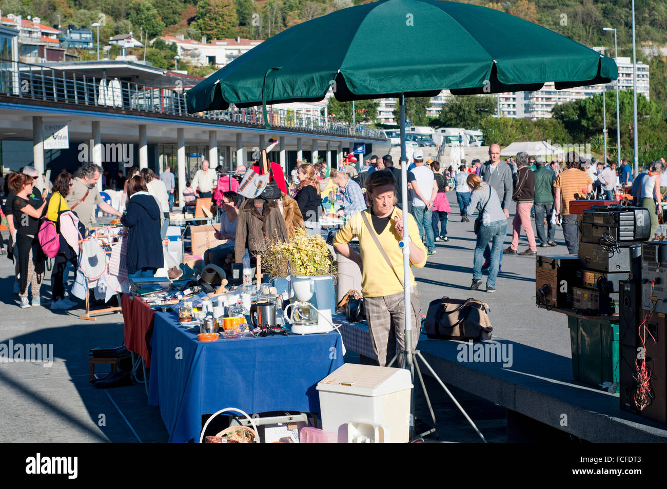 People shopping at a local market in Hondarribia marina. Basque Country, Spain. Stock Photo