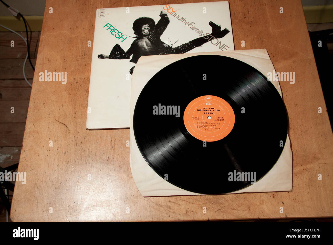 The cover and vinyl of Sly and the Family Stone's sixth album Fresh Stock Photo