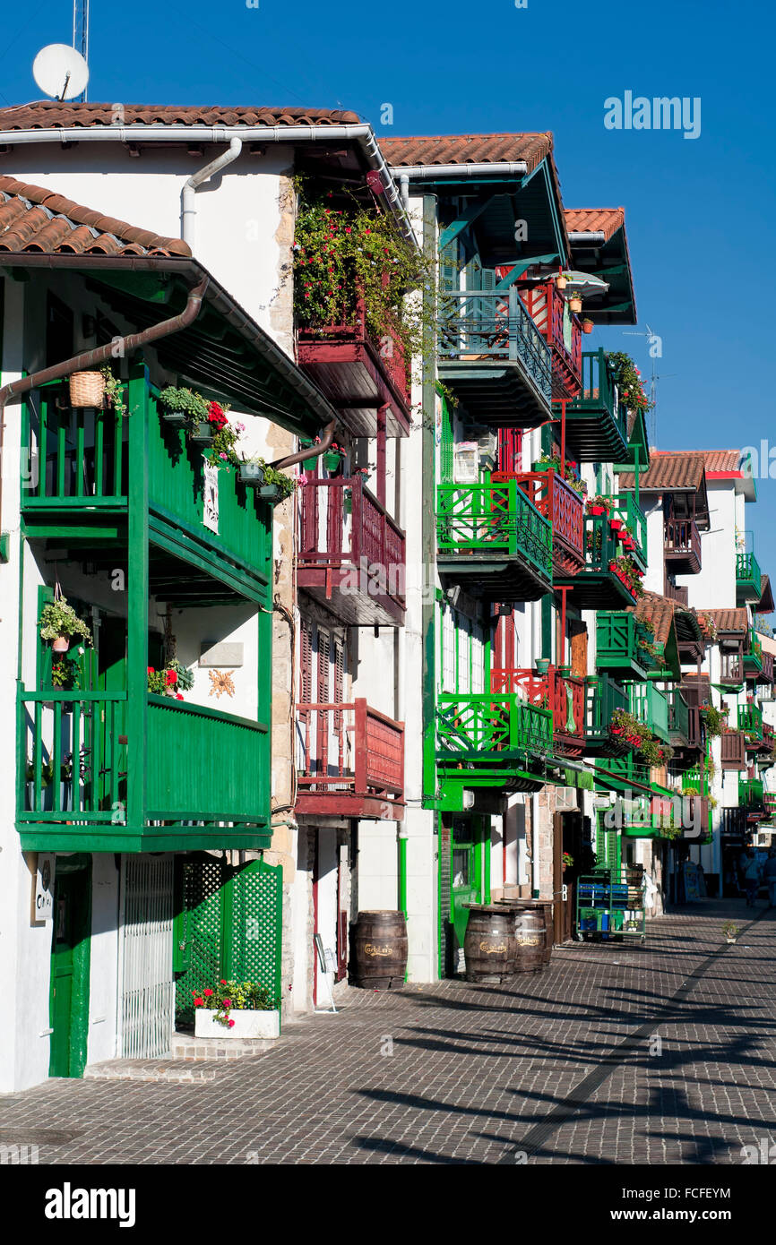 Typical colorful homes in the ancient La Marina quarter in Hondarrabia. Basque Country. Spain. Stock Photo