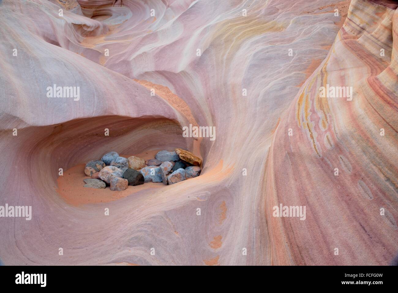 Weathered sandstones in a slot canyon- Kaolin Wash or Pink Canyon, Valley of Fire State Park, Nevada, USA. Stock Photo