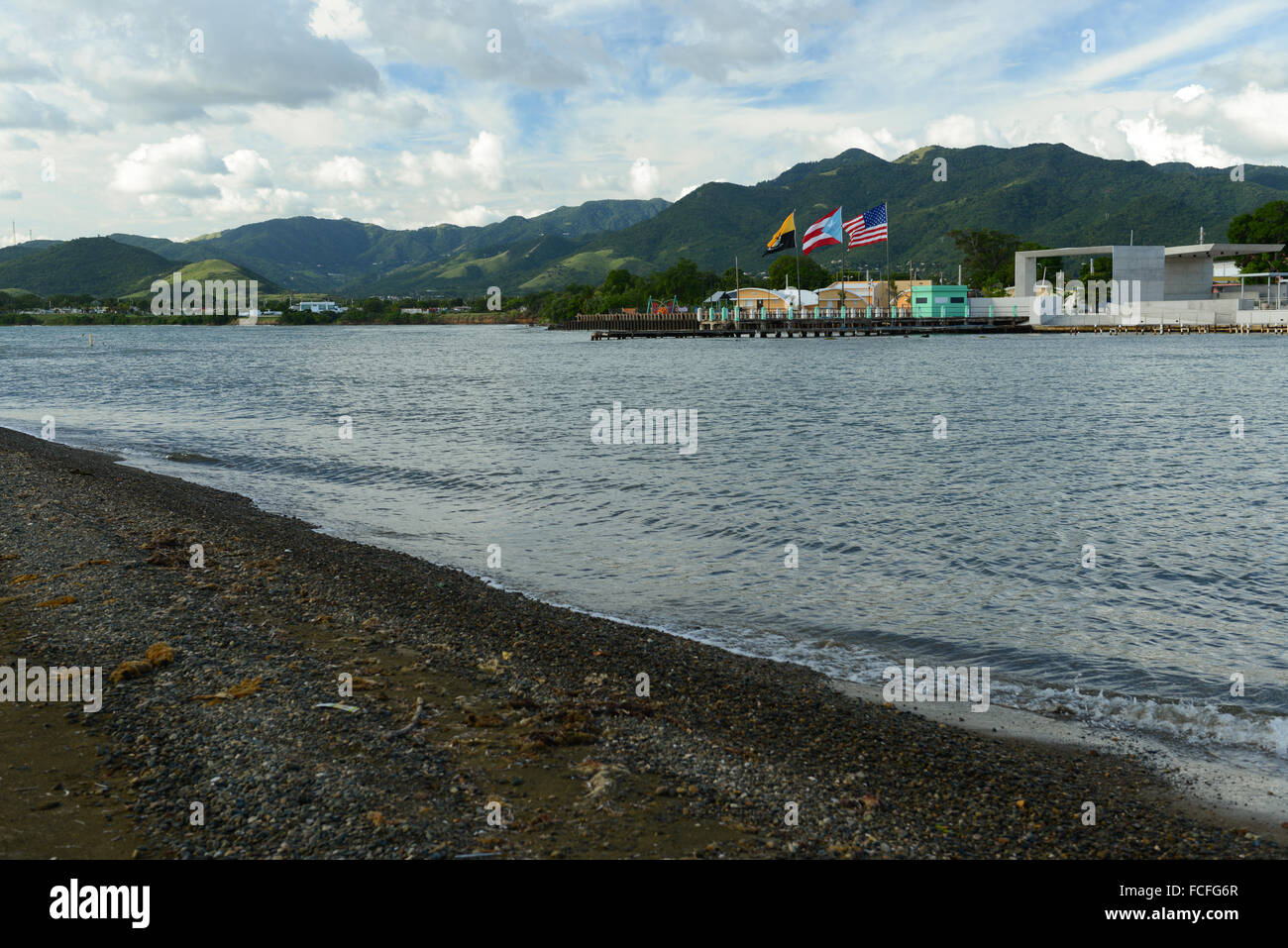 Boardwalk (malecon) of the town of Arroyo, Puerto Rico.View from afar. Caribbean Island. USA territory. Stock Photo