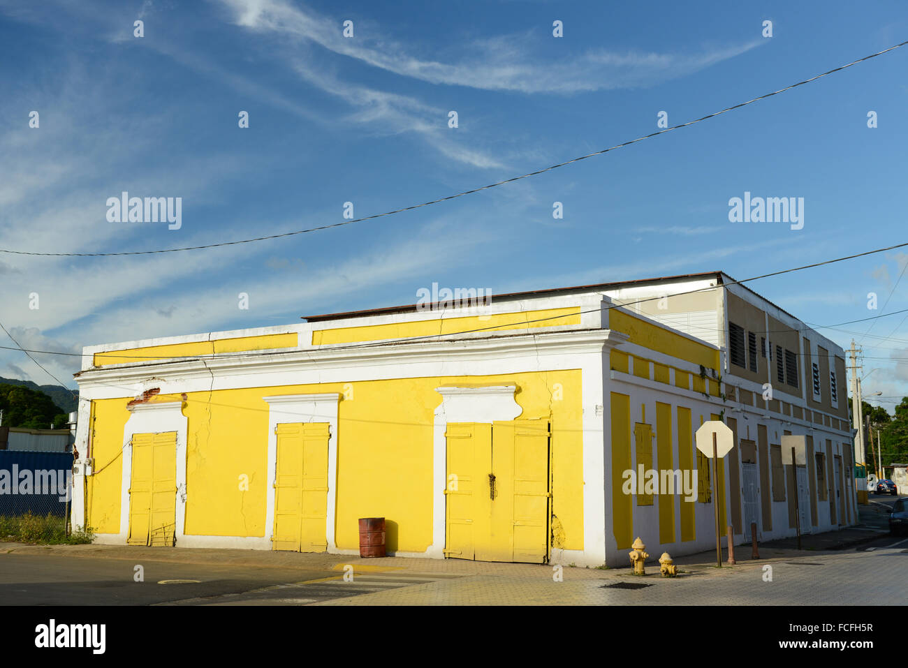 Closed businesses and places left behind by its owners can be seen everywhere.  Arroyo, Puerto Rico. Caribbean Island. Stock Photo