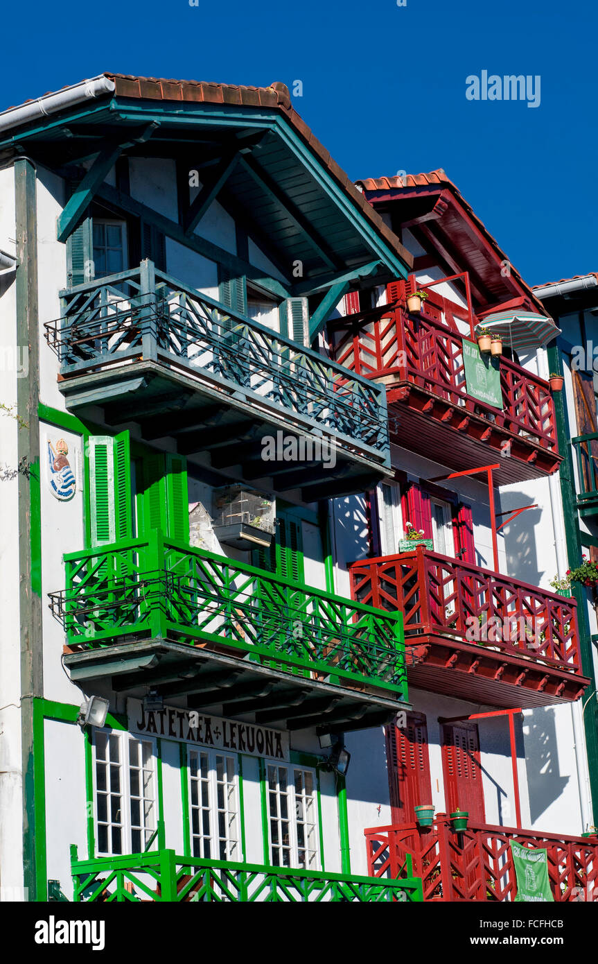 Typical colorful homes in the ancient La Marina quarter in Hondarrabia. Basque Country. Spain. Stock Photo