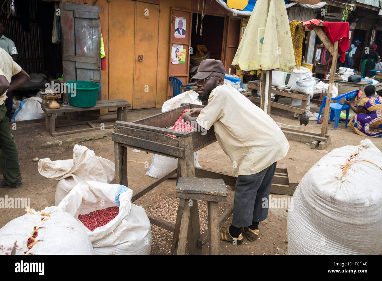 Sale and manufacture of peanut butter on the market in the Fort Portal, Uganda, Africa Stock