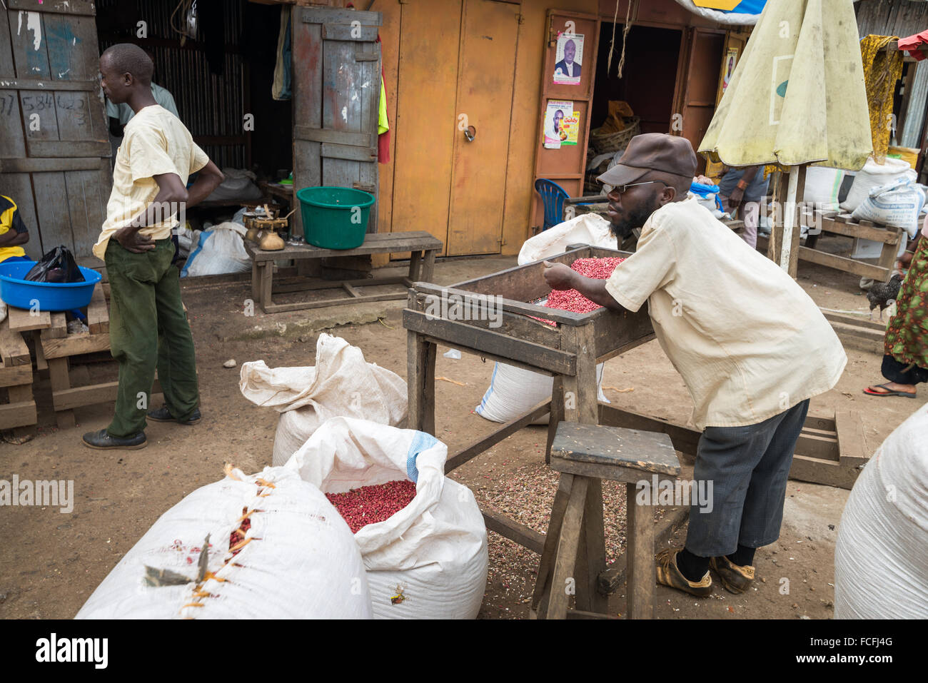 Sale and manufacture of peanut butter on the market in the Fort Portal, Uganda, Africa Stock