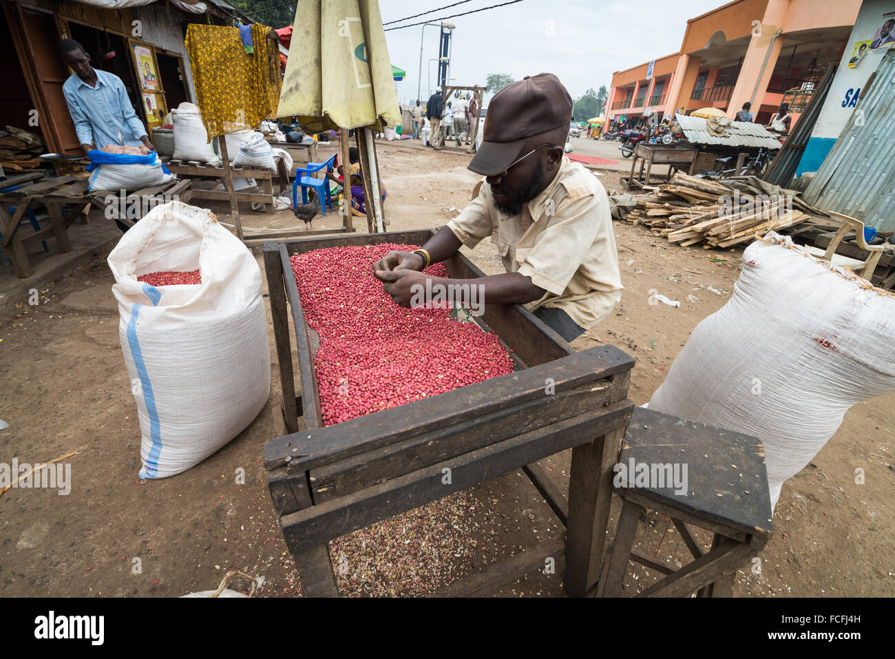 Sale and manufacture of peanut butter on the market in the Fort Portal, Uganda, Africa Stock