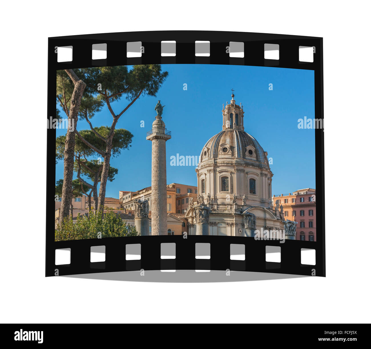View to The Church of the Most Holy Name of Mary at the Trajan Forum. The Trajan's column is at  the left, Rome, Italy, Europe Stock Photo