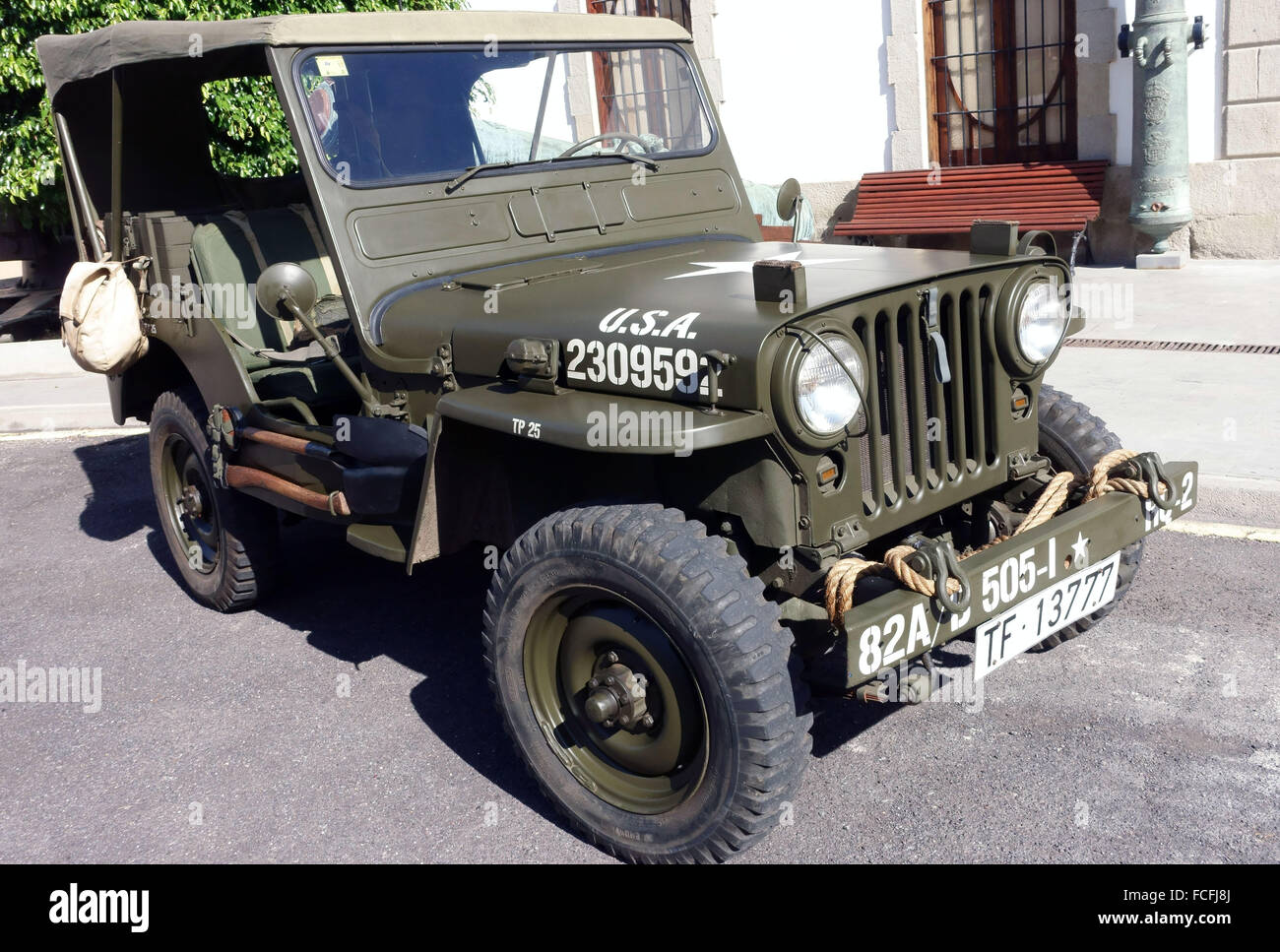 WWII era U.S. Army Jeep outside military museum in Tenerife, Spain Stock Photo