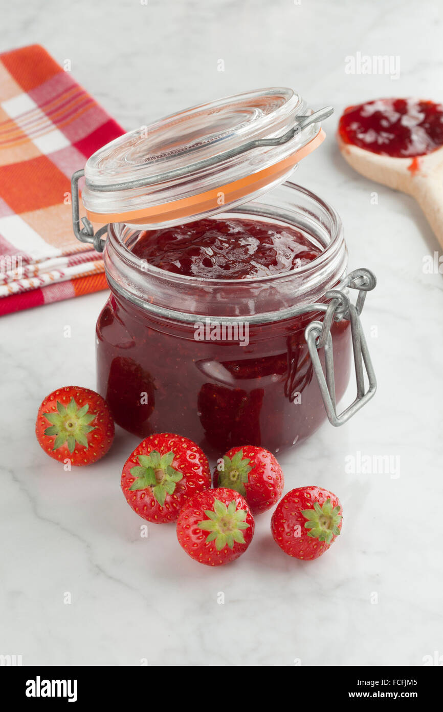 Fresh homemade strawberry jam in a jar Stock Photo