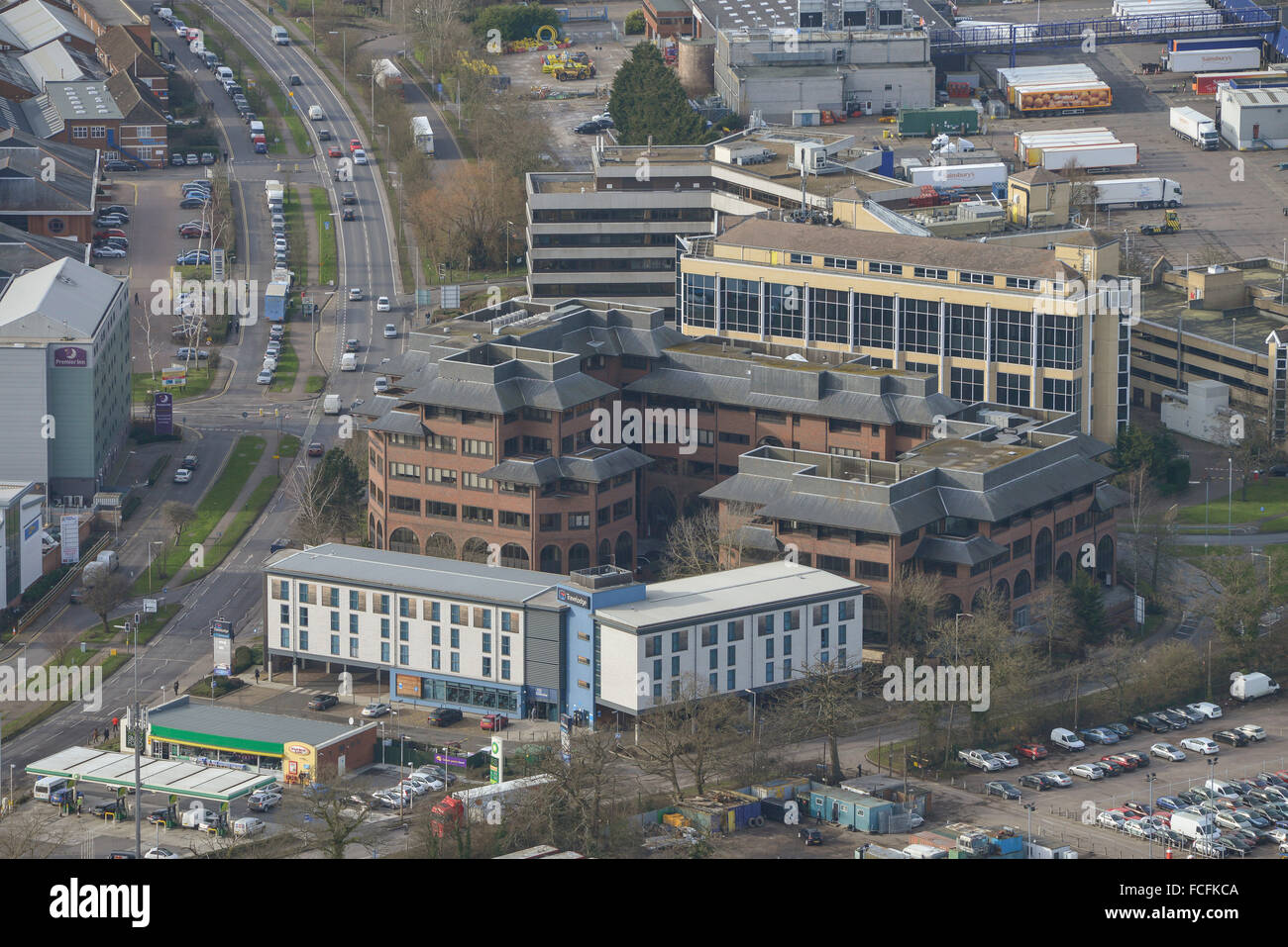 A lowangled aerial view of industrial units and offices in Borehamwood