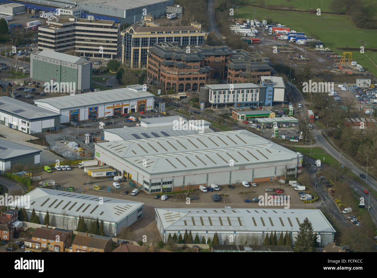 A low-angled aerial view of industrial units and offices in Borehamwood, Herts Stock Photo