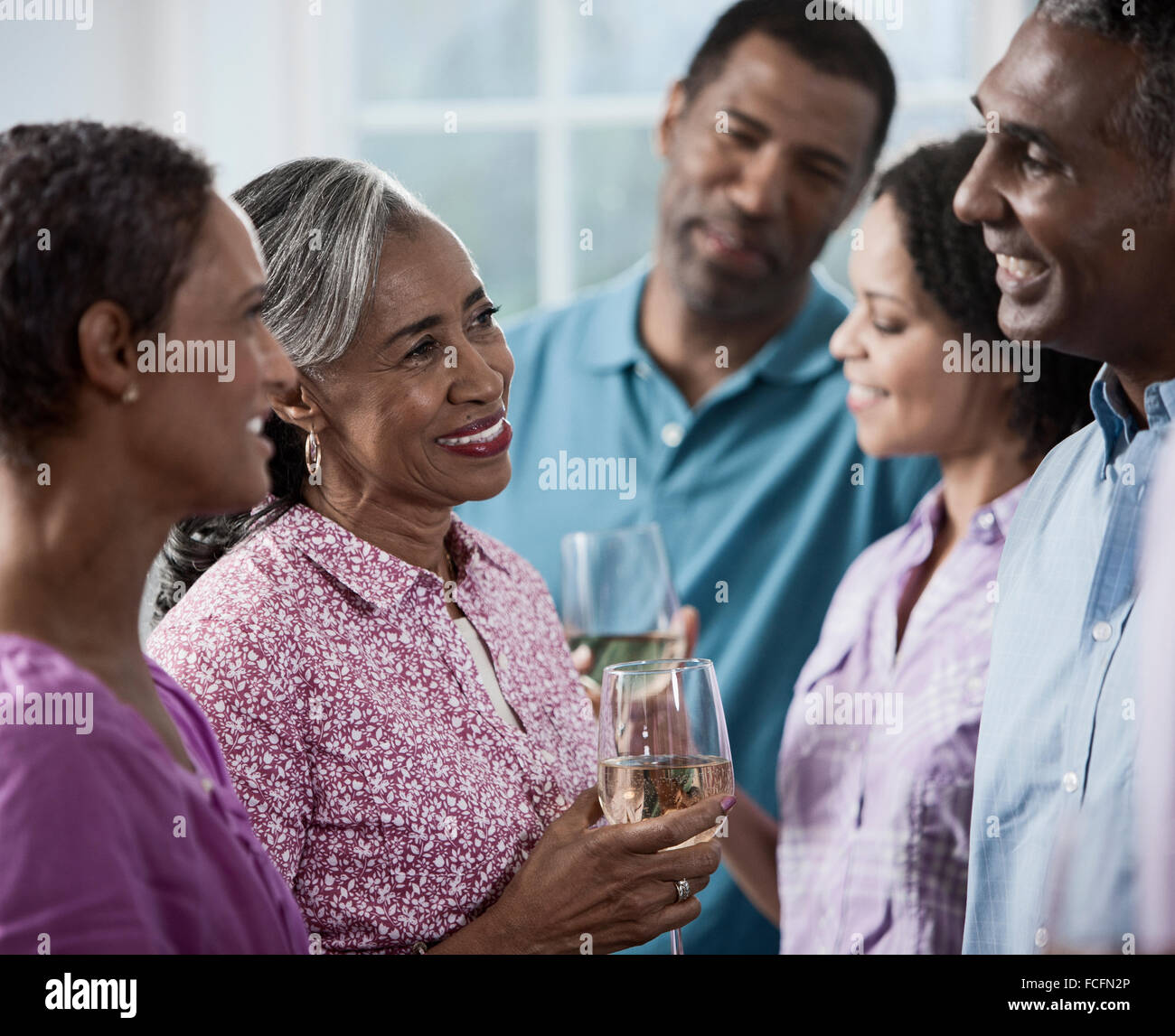 A group of African Americans of similar age, the baby boomer generation, having a party. Men and women. Stock Photo